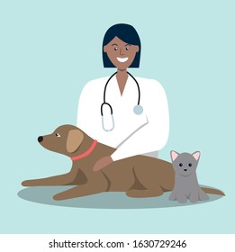 Female vet checks domestic pets. Doctor in veterinary clinic. Flat vector illustration.