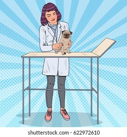 Female Vet Examining Pug Dog. Pet Care. Pop Art vector illustration