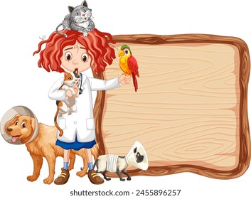 Female vet holding various animals beside a blank sign.