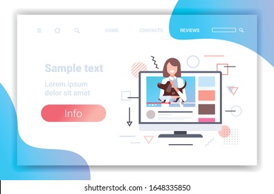 female veterinarian blogger checking dog at veterinarian clinic online video player blogging concept modern vet clinic template horizontal copy space portrait vector illustration