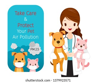 Female Veterinarian Carrying Dog And Cat In Her Arms, Banner Of Dog And Cat Wearing Air Pollution Mask For Protect Dust PM2.5, Respiratory, Environment, Health, Breath, Animal, Physical