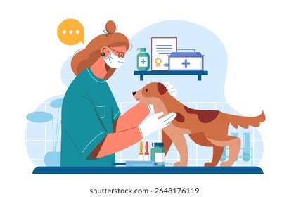Veterinária feminina verificando um cão marrom em uma clínica, estilo gráfico plano, fundo de sala médica interna. Conceito de cuidados de saúde para animais de estimação e cuidados veterinários. Ilustração vetorial
