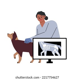 A female veterinarian is checking an x-ray of a dog. flat vector illustration.