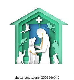 Female veterinarian doctor silhouette providing dog checkup using stethoscope creative papercut vector illustration with different domestic animals in shape of home