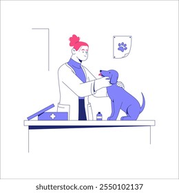 Veterinária Feminina Examinando Cão Na Mesa Em Ilustração De Vetor Plano Simbolizando O Tratamento De Animais De Estimação, Serviços Veterinários E Saúde Animal, Isolada Em Fundo Branco.