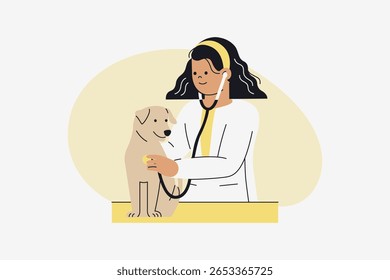 Veterinária feminina examinando o cão com estetoscópio para o vetor da verificação de saúde