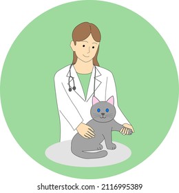 Female veterinarian examining a grey cat