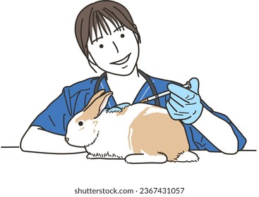 Female veterinarian giving injection to rabbit (small animal)
