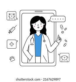 Veterinaria que realiza una consulta en línea. Atención médica para mascotas usando un smartphone. Llamada a Internet con un médico en una aplicación móvil. Concepto de servicio de salud. Ilustración del doodle vectorial