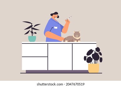 female veterinarian giving vaccine to cat at vet clinic pet vaccination concept horizontal portrait