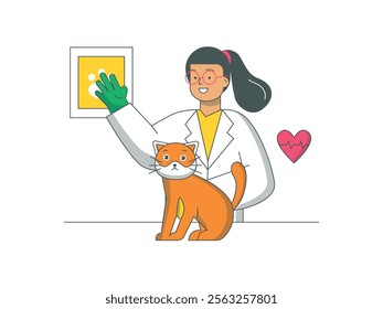 A female veterinarian with glasses giving a checkup to a cat patient. Character design. Vector flat illustration