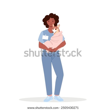 Female veterinarian holding dog in hands on vet checkup. Young cute doctor of veterinary hospital standing with sick puppy for examination and treatment, girl smiling cartoon vector illustration