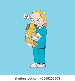 female veterinarian hugging puppy sign of love. vector cartoon illustration health medical person character	