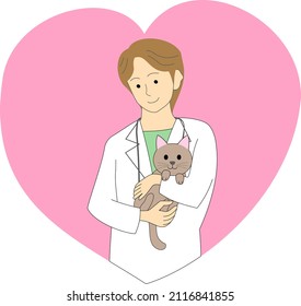 A female veterinarian hugs a cat with white background 