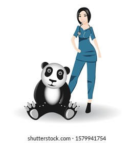 A female veterinarian strokes a happy Panda. The concept of animal health care.