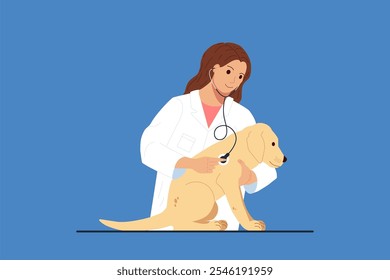 Veterinária mulher em jaleco branco examinando filhote Labrador amarelo pálido segurando um estetoscópio no peito. Concepção para serviços veterinários ou conceitos relacionados com animais de companhia. Ilustração de vetor de desenho animado plano.