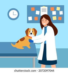 Female veterinary doctor examining dog at pet clinic in flat design.