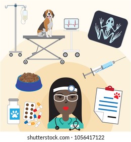 Female veterinary doctor and profession elements. Colorful Vector illustration.