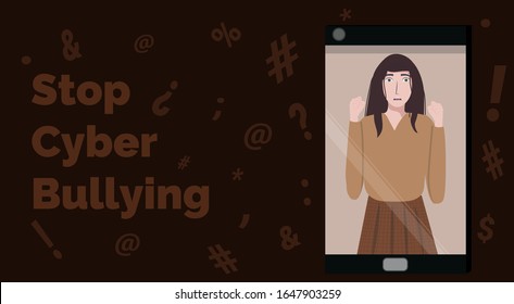 Female victim of bullying, girl locked in smartphone, stop cyber harassment vector concept