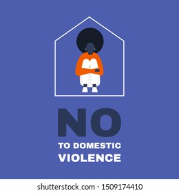 A female victim of domestic violence sitting inside a house shape. Protest. Stop. Social issues. Flat editable vector illustration, clip art