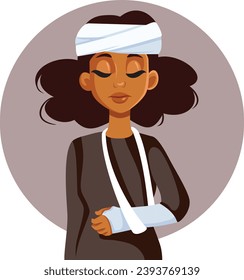 
Female Victim Suffering Head injury and a Broken Arm Vector Illustration. Woman healing after major concussions and trauma from an accident 
