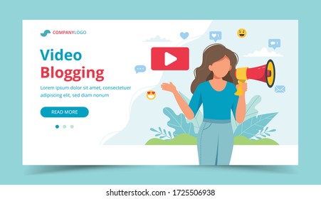 Female video blogger making announcement with megaphone. Landing page template, vector illustration in flat style