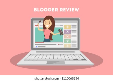 Female video blogger. People doing review on screen.