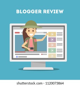 Female video blogger. People doing review on screen.