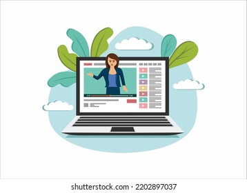 Female video blogger. People doing review on laptop screen.