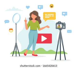 Female video blogger recording video with camera and light. Different social media icons. Cute vector illustration in flat style