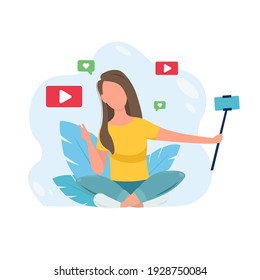 Female video blogger recording video with camera or smartphone. Girl vlogger. Vlogger record vlog streaming video, Creating video for blog or vlog. Cute vector illustration in flat style