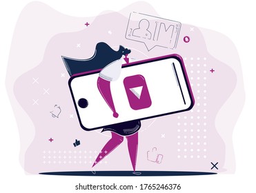 Female video content creator illustration. Blogger, social media influencer concept. Digital Marketing Strategy. Video Marketing. Dark blue and purple, pink isolated illustration.