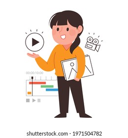 Female video editor character. Profession concept personage vector illustration.