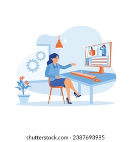 The female video editor shows the post-production results of the recording on the computer screen. He works in a creative loft office. Video Editor concept. trend modern vector flat illustration