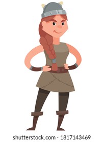 Female viking with hands on her belt. Smiling character in cartoon style.