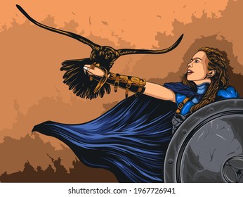 Female Viking With Her Eagle, Beautiful Warrior In Medieval Scene Vector Illustration.