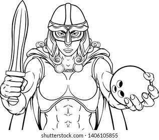 A female Viking, Trojan Spartan or Celtic warrior woman gladiator knight bowling sports mascot