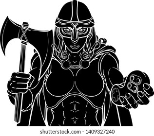 A female Viking, Trojan Spartan or Celtic warrior woman gladiator knight gamer mascot with video games controller