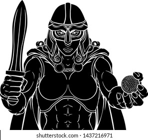 A female Viking, Trojan Spartan or Celtic warrior woman gladiator knight golf sports mascot