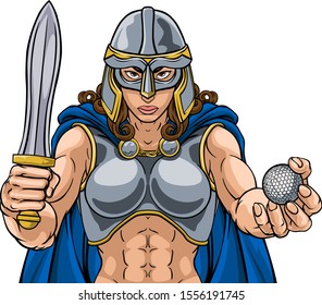 A female Viking, Trojan Spartan or Celtic warrior woman gladiator knight golf sports mascot
