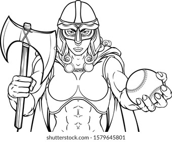 A female Viking, Trojan Spartan or Celtic warrior woman gladiator knight baseball sports mascot