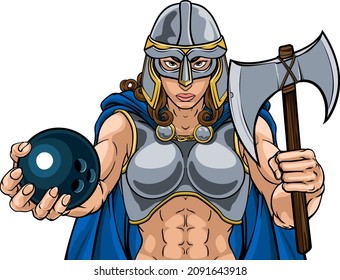 A female Viking, Trojan Spartan or Celtic warrior woman gladiator knight bowling sports mascot