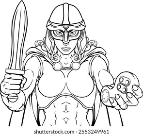 A female Viking, Trojan Spartan or Celtic warrior woman gladiator knight gamer mascot with video games controller