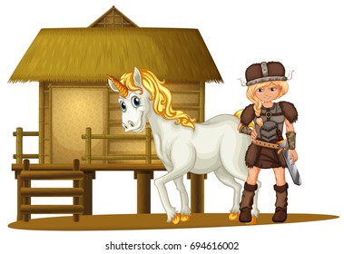 Female viking and unicorn by the wooden hut illustration