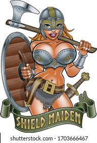 Frauenkämpfer mit Rüstung, Schild und Waffen