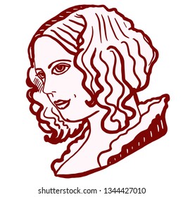 Female vintage character. Long hair. Retro hairstyle with curls 19th century. European people. Historic fashion sketch. Beautiful aristocratic lady portrait for design, print, surface, cards, web