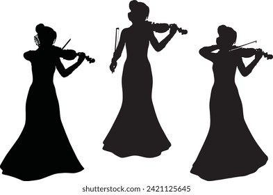 Reproductor de violín femenino, silueta negra detallada, ilustración abstracta.