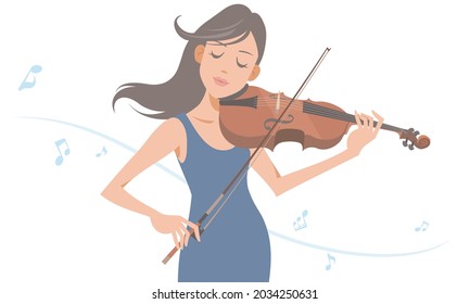 Jugadora de violín femenina actuando sobre fondo blanco aislado. Ilustración vectorial al estilo de las caricaturas planas.