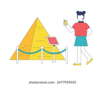 Female visitor taking photos through her phone. Pyramid art museum. Character design. Vector flat illustration