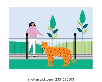 Female visitor walking around then spotting a leopard, zoo vector illustration.